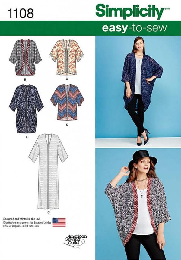 Simplicity Sewing Pattern 1108, Jackets, Tops, Cardigans, Robes for Women, A (XXS-XS-S-M-L-XL-XXL) - Easy