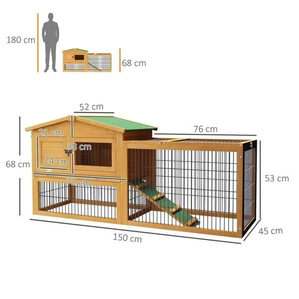 Wooden rabbit hutch with outdoor run, wire walls, green ramp, and open doorway