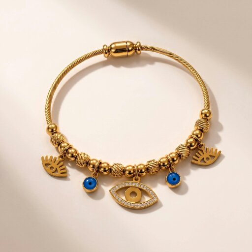The Colourful Aura Rose Gold Evil Eye Dangle Charms Protection Dangly Bracelet - Gold