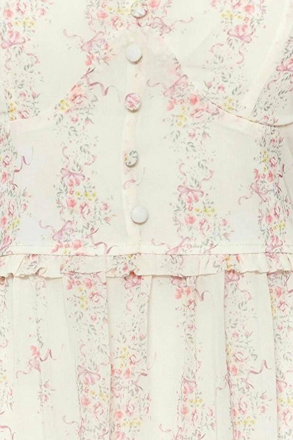 WOVCOR Floral Patterned V-Neck Mini Lined Chiffon Woven Dress
