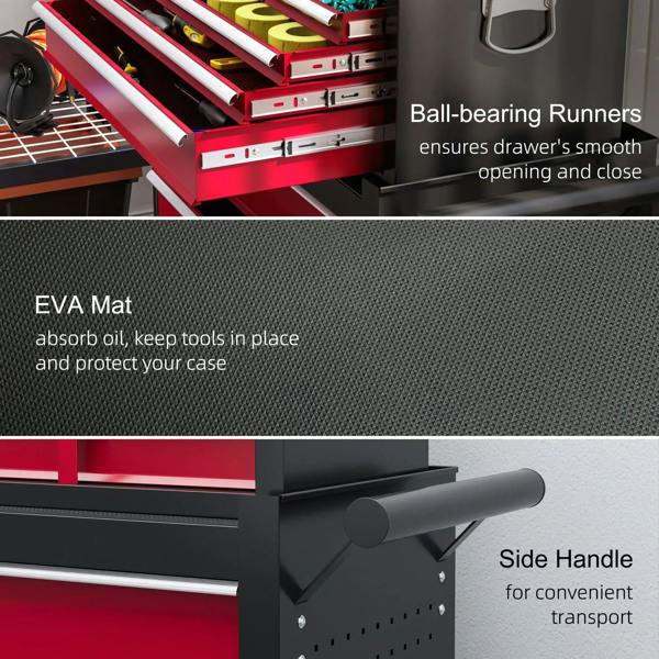 Tool drawer chest with red drawers, side handle, EVA mat-style insert