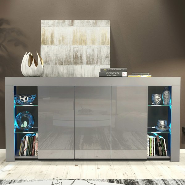 Mex Furniture Exclusive 164cm Cabinet Cupboard Sideboard TV Unit High Gloss Grey Doors & Free LED