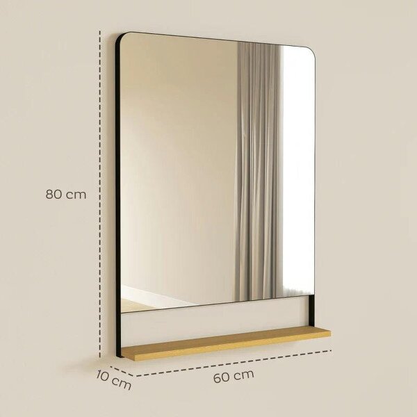 Wall Mirror with Wood Shelf - Black