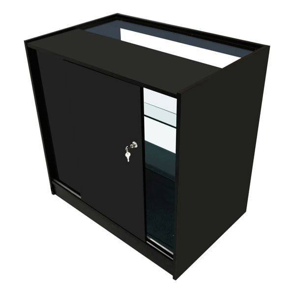 Helios LED black shop counter set CM60 with two K900 display shelves, featuring sleek design, glass top, and secure sliding doors