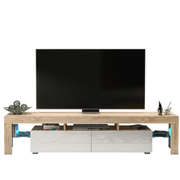 Mex Furniture Sleek 200cm Modern TV Unit  Cabinet Stand Oak High Gloss White Doors & Free LED Lights