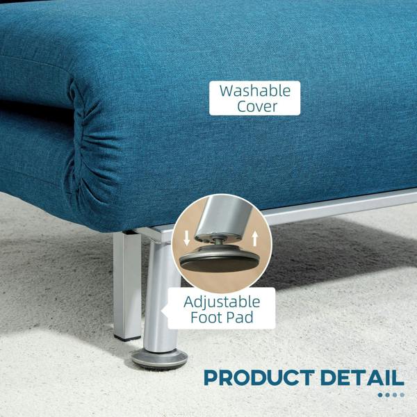 Blue sleeper chair bottom view with adjustable foot pads and stitched fabric cover