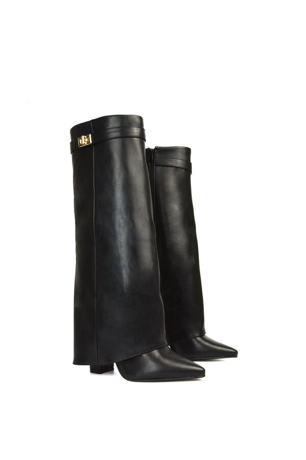 XY LONDON Block Heel Knee High Foldover Boots With Pointed Toe