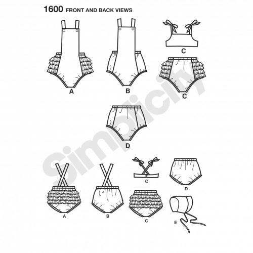 Simplicity Sewing Pattern 1600, Swimwear, Headwear, Jumpsuits, Shorts, Vintage Style for Baby, XXS-XS-S-M-L - Intermediate