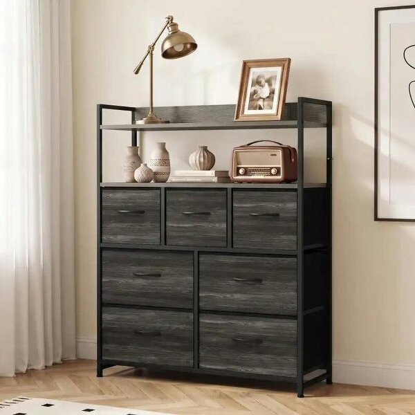 Chest of Drawers, Bedroom Fabric Dresser with 7 Drawers, Storage Organiser Unit with Open Shelves, Grey Wood-Effect