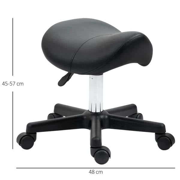Black adjustable saddle stool with padded PU seat, chrome stem, and caster rolling base