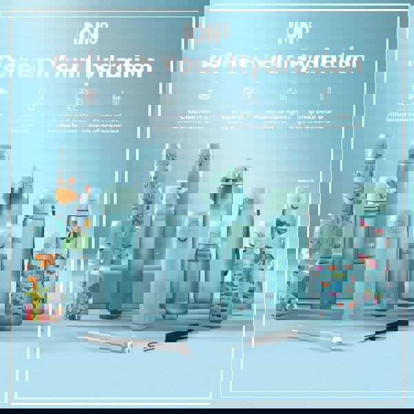 Several pastel-blue water bottles, of varying sizes and designs, are displayed on a light-blue surface; accessories are shown below. The text reads: "ION8 Refresh Your Hydration," and details material choices, size options, designs, and accessories.