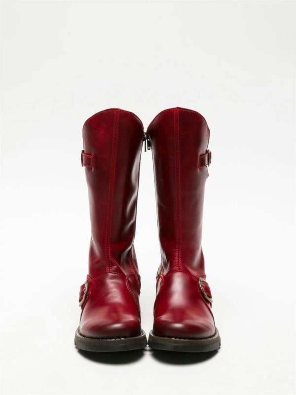 Fly London Womens Red MES 2 Wedge Heel Buckle Mid-Calf Leather Zip Platform Boots