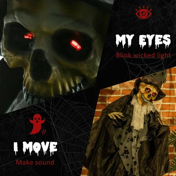 Skull-faced black ghost bridegroom prop with glowing red eyes, hat, and ruffled white collar