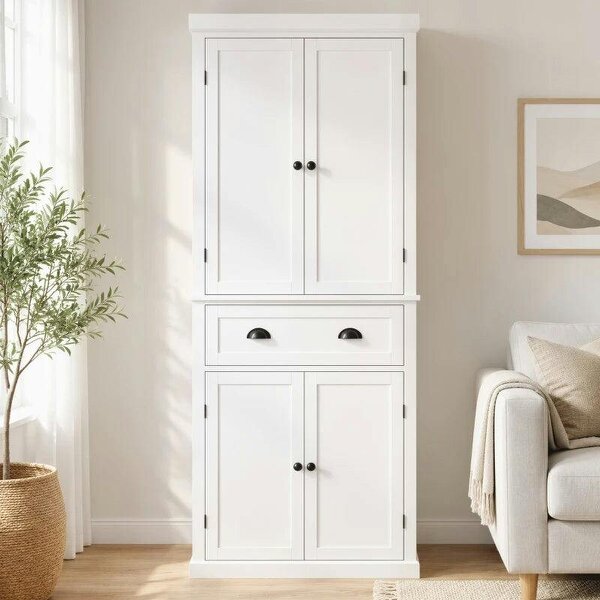 Tall Kitchen Cupboard, 183 cm Freestanding Storage Cabinet with Drawer, 4 Doors and Adjustable Shelves, White