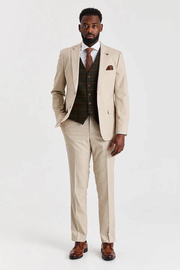 Paul Andrew Belmont Beige Suit with Harris Green Tweed Waistcoat