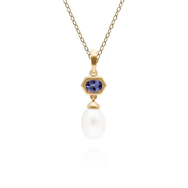 270P030208925 Modern Pearl & Tanzanite Hexagon Drop Pendant in Gold Plated Silver 1