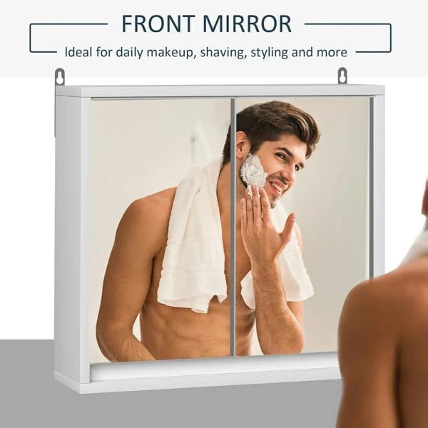 White double-door front mirror cabinet for grooming and shaving
