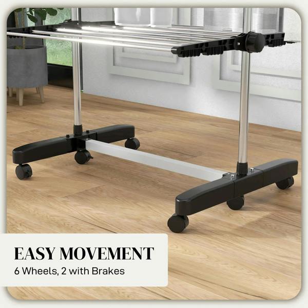 Black clothes drying rack on six wheels, two with brakes for easy movement