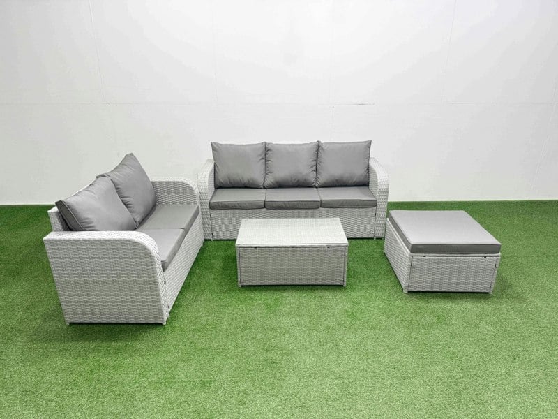 Fimous 6 Seater PE Rattan Wicker Garden Furniture Patio Conservatory Sofa Set with Rectangular Coffee Table 3 Seater Sofa Love Sofa Big Footstool