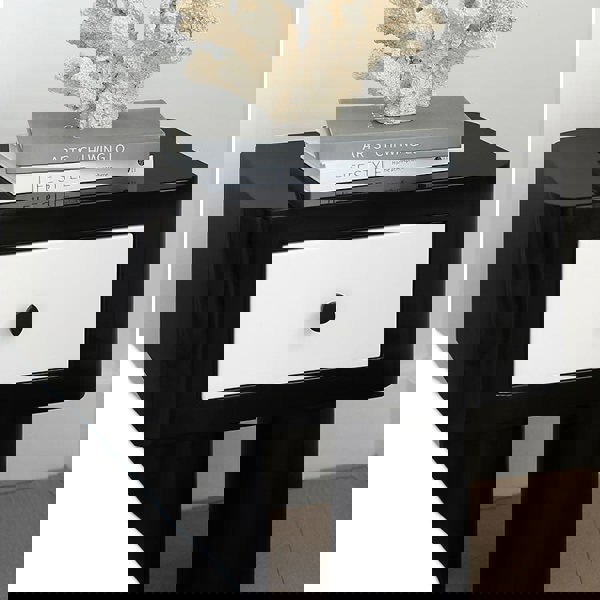 Seymour Bedside Table, Black and White in a lifestyle setting with small folding dining table