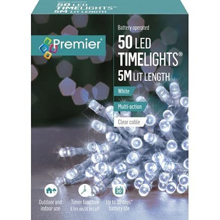 Samuel Alexander 50 LED 5m Premier Christmas Outdoor Multi Function Battery Lights with Timer & Clear Cable in Cool White