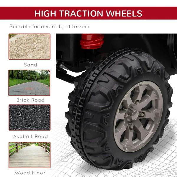 Red kids electric ride-on car wheel with high-traction tread and gray rim