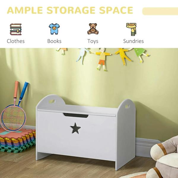 White toy storage box with star emblem and black pull handle, wide front opening