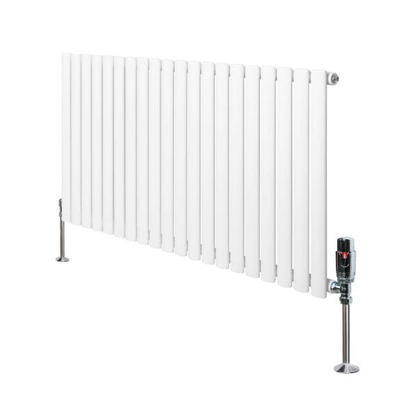 Oval single column radiator in white, 600mm x 1200mm, featuring sleek vertical panels and modern valves for efficient heating
