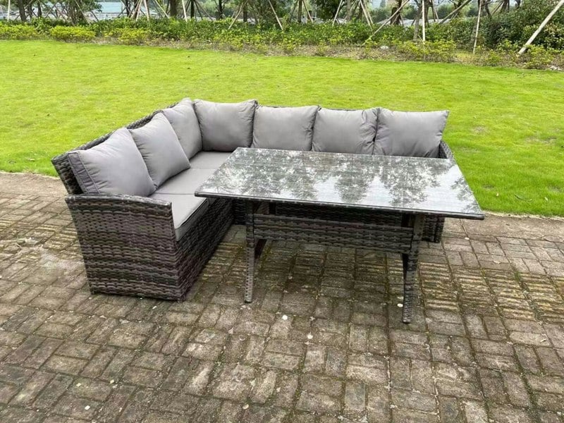 Fimous High Back Dark Mixed Grey Rattan Corner Sofa Set Outdoor Furniture Rectangular Dining Table 6 Seater