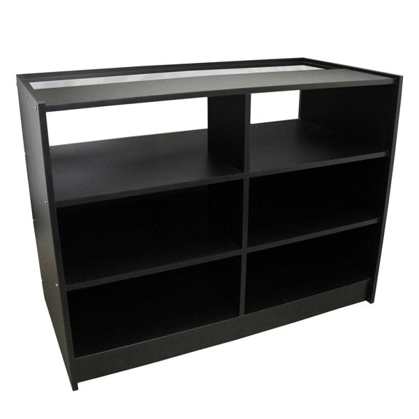 B1200 retail shop counter in sleek black, featuring open shelves and a modern design, ideal for displaying products and enhancing store aesthetics