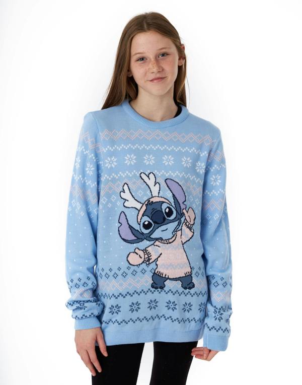 Vanilla Underground Disney Lilo & Stitch Girls Blue Christmas Fair Isle Christmas Jumper