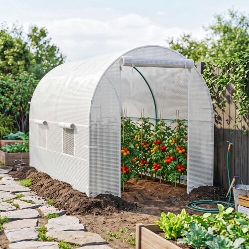 Outsunny Polytunnel Greenhouse Outdoor Grow House Roll Up Door Windows 2x2.5m - White