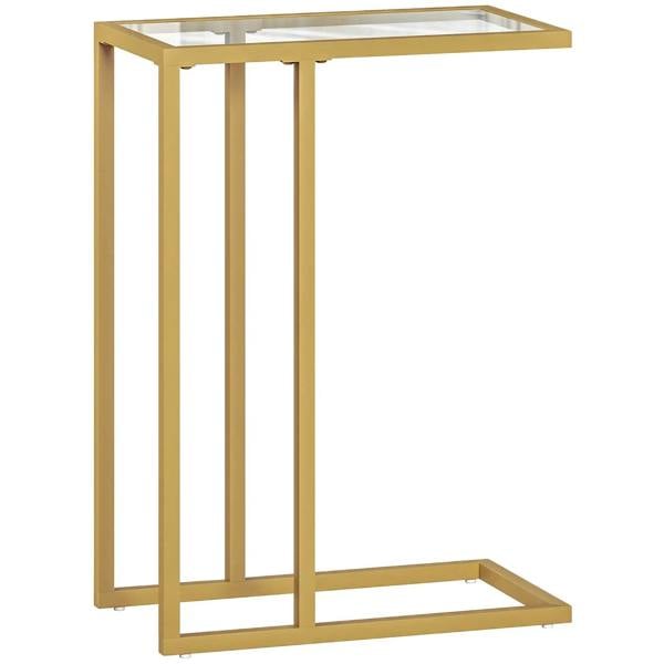 C-shaped gold side table with tempered glass top and slim steel frame, open shelf.