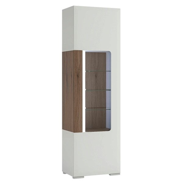 Wyld Haus Porto Tall Gloss White Display Cabinet Oak Detail 1 Door and 4 Shelves with Light