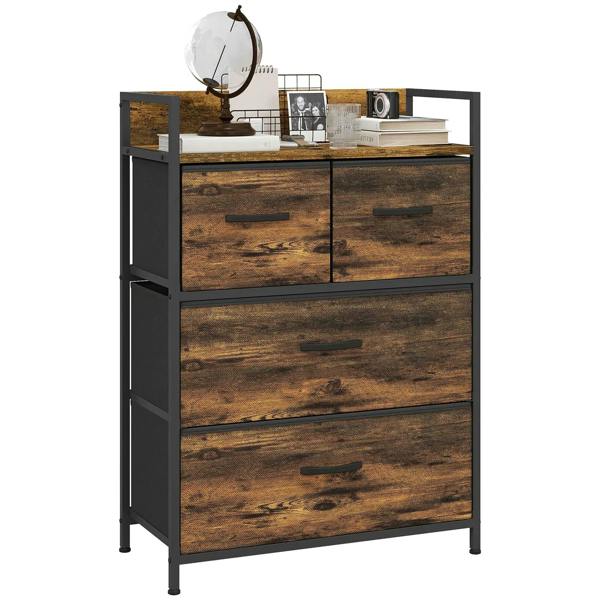 Rustic 4-drawer storage cabinet with black frame and brown wood-look drawer fronts