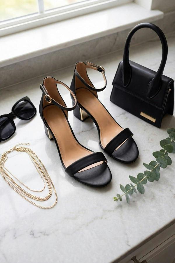 Luna Womens Gold Heel Ankle Strap Sandals - JET BLACK
