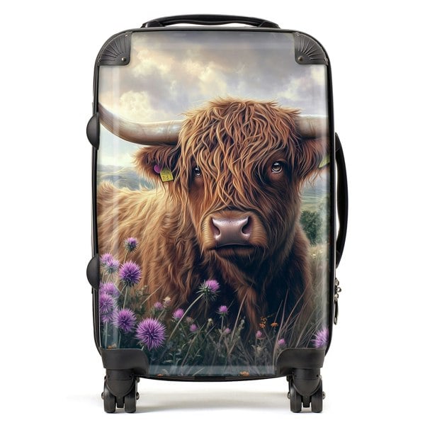 Warren Reed Scottish Thistle And Highland Cow Suitcase