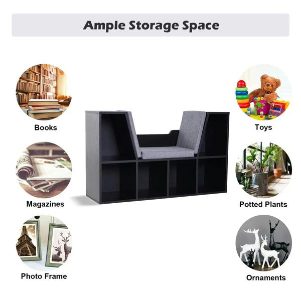 Black cube storage shelf with gray upholstered reading seat and open cubby storage