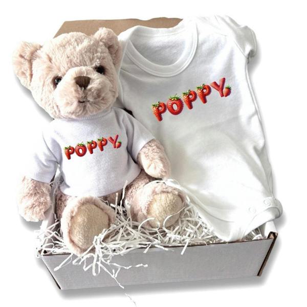 Personalised Strawberry Name Baby Gift Box - Teddy & Vest