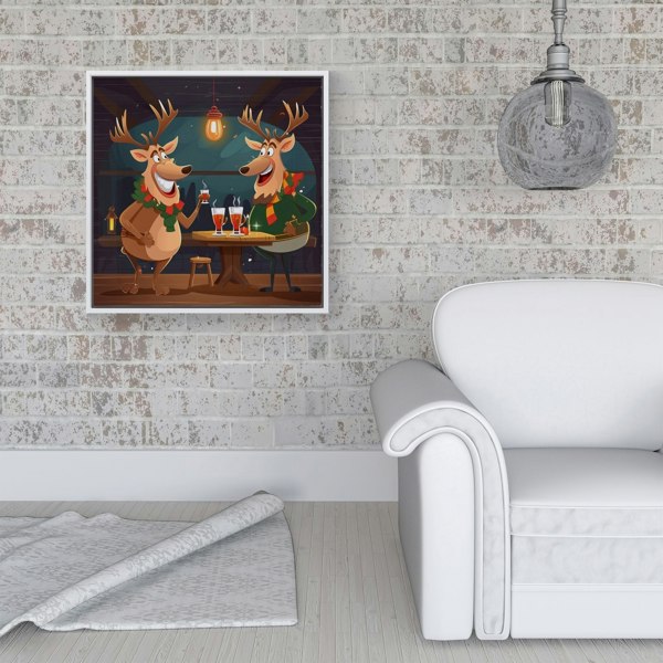 Warren Reed Reindeers Having A Beer Framed Canvas