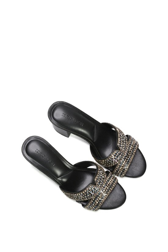 XY LONDON Sparkly Diamante Strappy Mid Block Heeled Sandal Mules