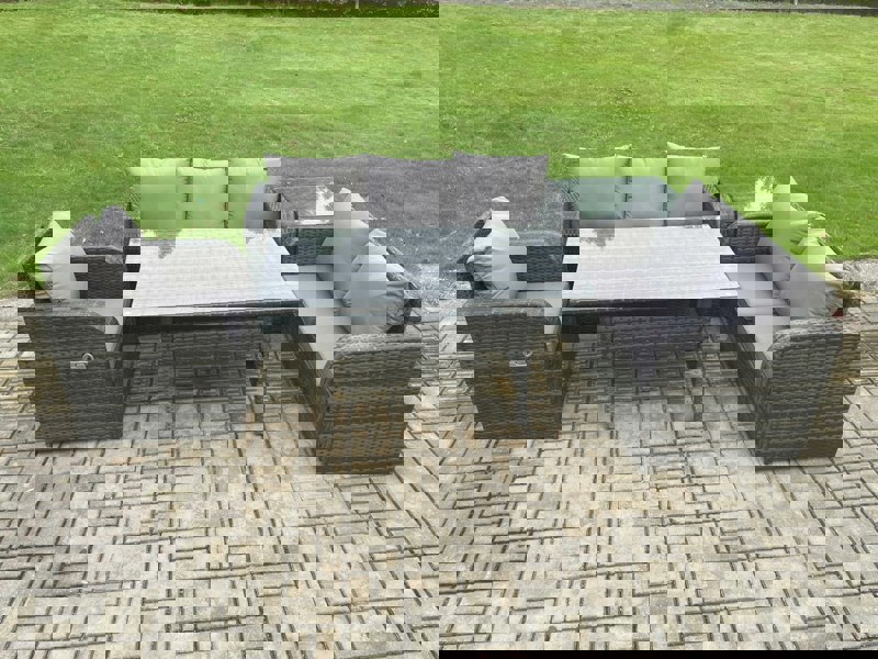 Fimous 6 Seater Garden Rattan Furniture Dining Table Sofa Set Indoor Outdoor with Reclining Chairs Side Table Dark Grey Mixed