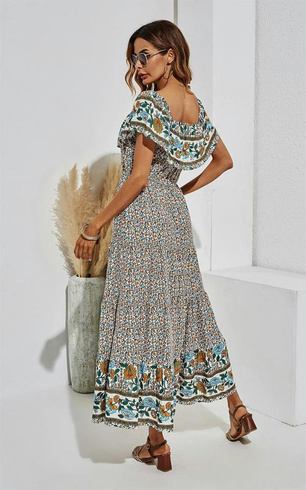 FS Collection Off Shoulder Hem Detail Floral Print Midi Dress In Beige