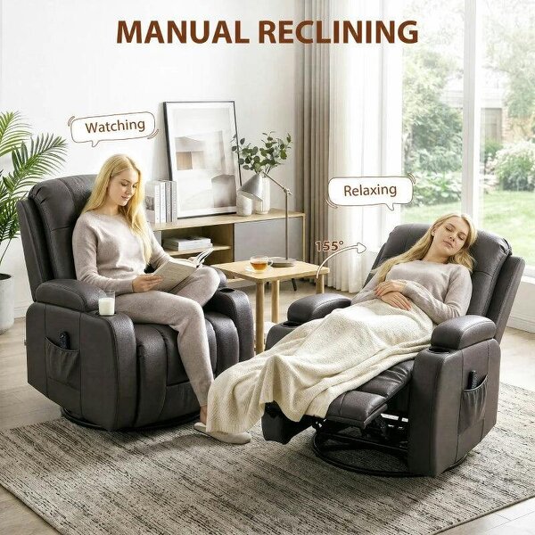 PU Leather Recliner Chair, Recliner Armchair with Extended Footrest, Cup Holders and Side Pockets, Dark Brown