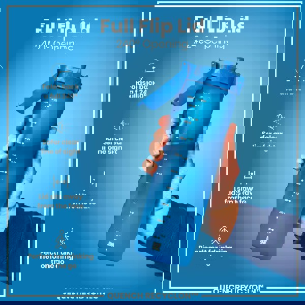 A blue water bottle with a full flip lid is held by a hand against a blue background. The lid folds back 240°. Measurements in milliliters and ounces are printed on the bottle. QUENCH RECYCLON™ is also printed on the bottle.