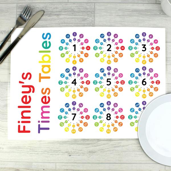 A fully laminated personalised times tables placemat featuring colorful multiplication wheels printed with the text Finley's Times Tables, set on a wooden table next to cutlery and a plate.