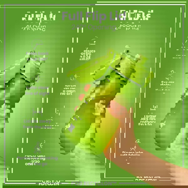 A green water bottle, with a 240° flip lid, is being held. The bottle features measurement markings and a QR code. The background is a solid green.