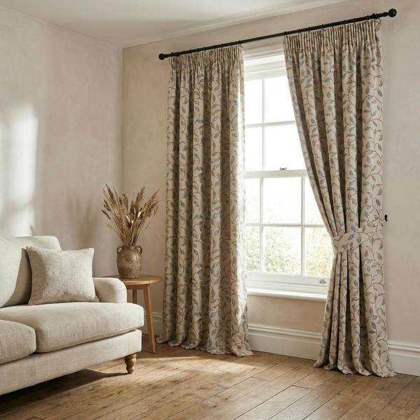 Kew made-to-measure curtains in Blue, styled in a living room