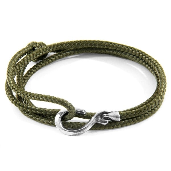 Anchor & Crew Khaki Green Heysham Silver and Rope Bracelet