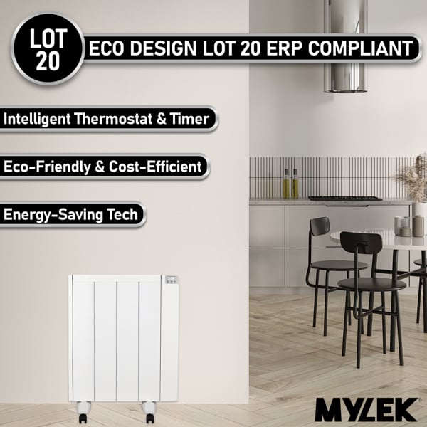 MYLEK Electric Radiator Panel Heater Ceramic White Eco 1000W Bathroom Safe Wall Mounted Or Free Standing With Timer Thermostat